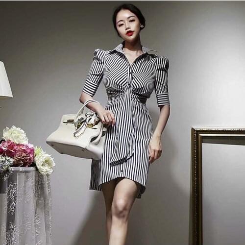 New Fashion Summer Casual Mini Streetwear Dress Ladies OL Vintage Turn-down Collar Puff Sleeve Button Striped Folds Shirt Dress