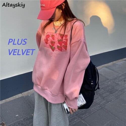 Pink Hoodies Strawberry-print Plus Velvet Korean Style Chic Trendy Cute Popular Sweet College Students Teens Girls Spring Autumn