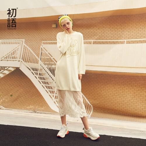 Toyouth Women Dress Autumn Lace Casual Long Black Embroidery Elegant Chic Dresses