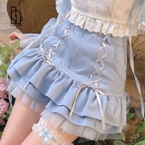 Japanese Kawaii Mini Skirt Women Summer Casual Designer Elegant Lolita Sexy Skirt High Waist Lace Bandage Y2k Sweet Skirt 2021