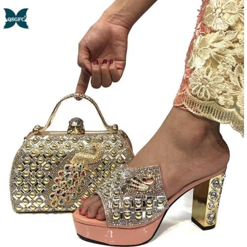 Peach Color Italian Women Shoes and Bag to Match African Design with Shinning Crystal Matching Shoes and Bag Set for Royal Party
