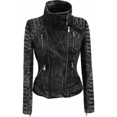 Women Autumn winter Cotton Gary Denim Jacket women zipper slim fit coat lady Slant decorate Pocket Fashion Casual gray Outwear