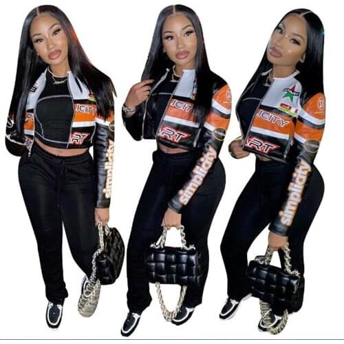 2021 Women/Girl O-Neck Letter Print Zipper Long Sleeve Jacket Streetwear Harajuku Hip Hop Short Skinny Thin Black Outerwear