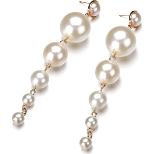 Trendy Elegant Created Big Simulated Pearl Long Earrings Pearls String Statement Drop Earrings For Women Wedding Party Gifts