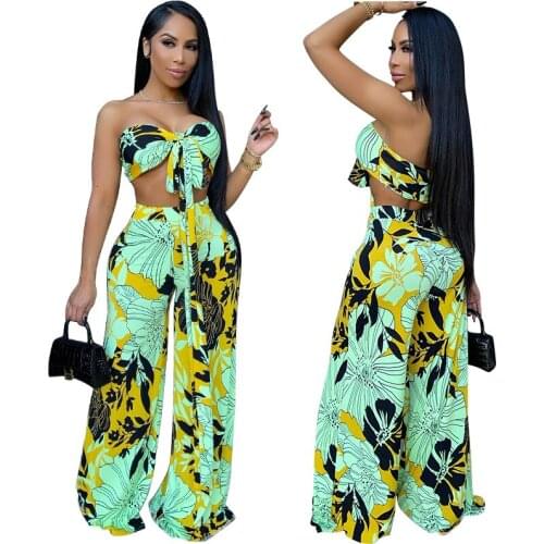 Sexy 2021 Floral Women Two Piece Sets Bow Tie Crop Top + Long Wide Leg Pants Beach Outfit Summer Casual Female Clothing