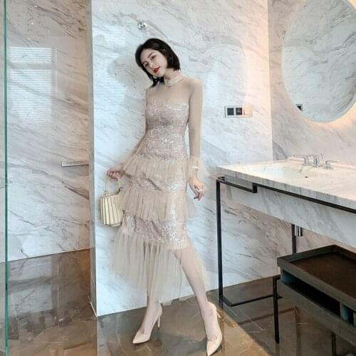 Fashion Woman Mesh Patchwork Sequined Tube Gown Evening Dress Elegant Female Transparent Lace Cocktail Dresses