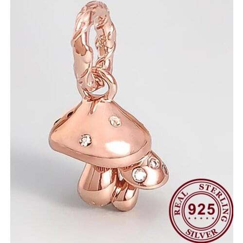 100% 925 Sterling Silver Charm Rose Gold Sparkle Mushroom Pendant Fit Pandora Women Bracelet & Necklace Diy Jewelry