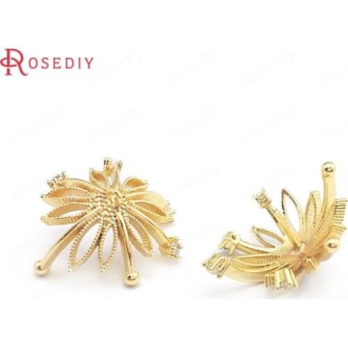 40404)4PCS 15.5MM 24K Gold Color Brass with Zircon Can Fit Half Hole Pearl Flower Beads Caps Jewelry Making Supplies Findings