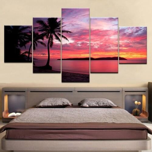 Canvas Wall Art Pictures 5 Pieces Sunset Glow Paintings Home Decor Living Room HD Prints Beach Waves Seascape Posters Framework
