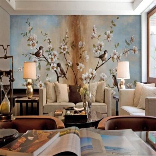 Beibehang Custom fashion decorative painting wallpaper wax plum bird oil painting wall hand painting 3d wallpaper Wall 3d