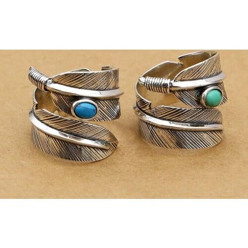 Solid Silver 925 Ring Men Women With Blue/Green Natural Stone Wide Feather Cuff Band Handmade Real Silver 925 Jewelry Men Lovers