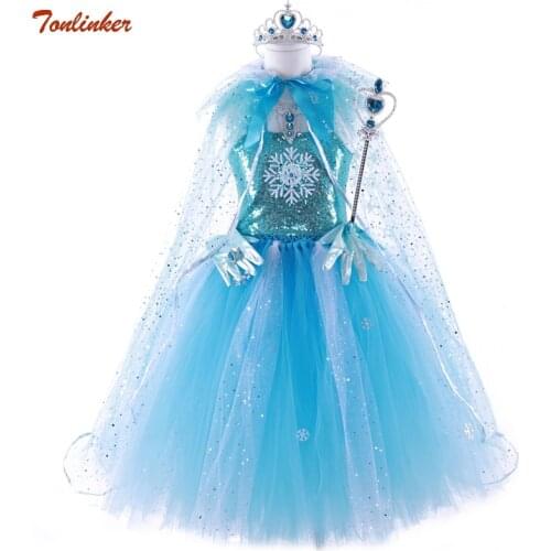 Snow Queen 2 Halloween Party Costume For Girls Blue Long Net Yarn Dress Princess Vestido Birthday Cosplay Carnival Clothing