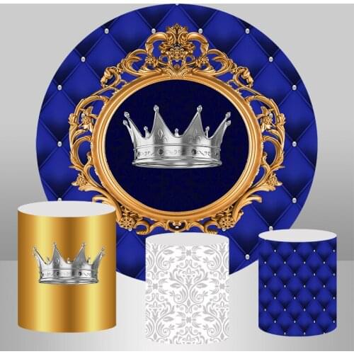 Round Circle Backdrop Prince Boy Birthday Background Royal Blue Silver Crown Photocall Boda Baby Shower Backdrops Photo Studio