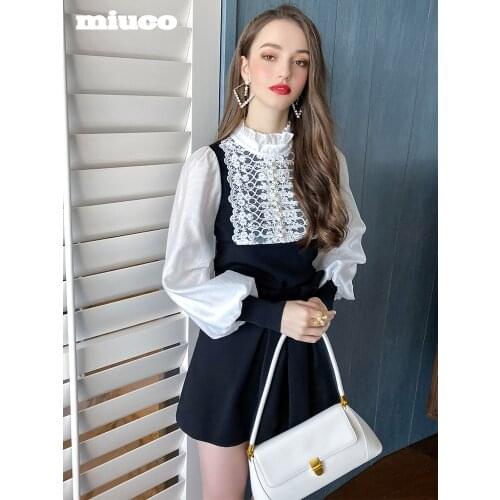 Ear edge stand collar lace Lantern Sleeve Top+High Waist Wide Leg skirt suit 2021 Spring new High Quality Top Quality