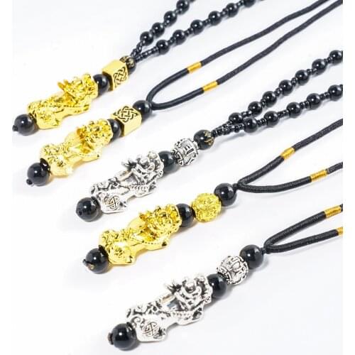 Feng Shui Unisex Pixiu Six-character Pendant Necklace Natural Obsidian Bead Health Lucky Rich Buddha Rope Chain PIXIU Necklace