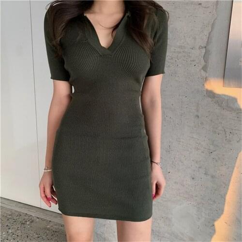Summer Women Knit Dress Casual Short Sleeve Slim Mini Pencil Dress Fashion Turn-Down Collar Elegant Ladies Solid Knitted Dress
