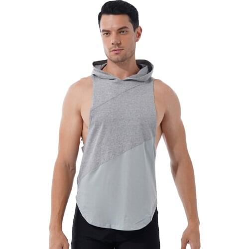 Men Fashion Solid Color Patchwork Casual Tank Tops Gym Sport Breathable Hooded Vest Tops Sleeveless Workout Fitness Underwaist