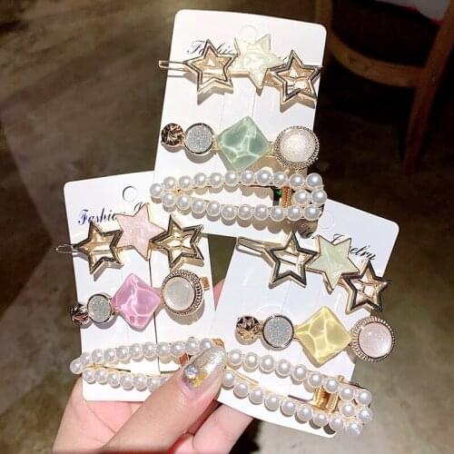 Cute Hair Barrettes Set Women Girls Full Pearls Geometric Hair Clips Hair Ornament Hairpin Barrette Headband Hair Accessories