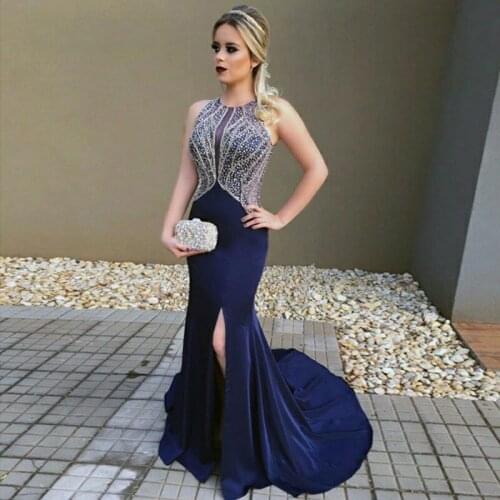 Sexy Open Back Royal Blue Prom Dress with Beading Vestidos de fiesta largos Mermaid Formal Evening Dress Gala jurken 2020