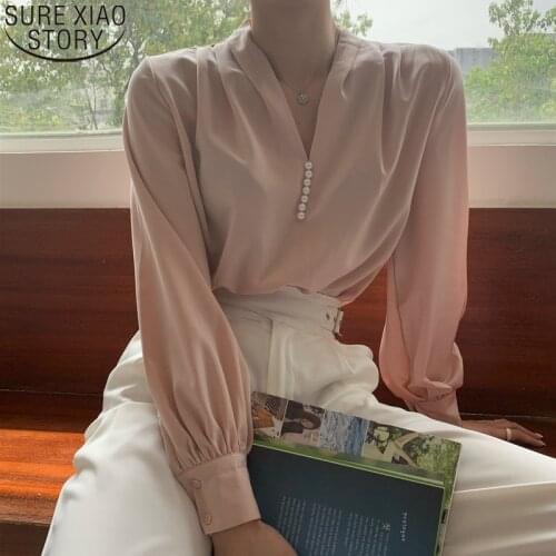 Chic Blusas De Mujer Womens Tops New Autumn Korean Fashion Satin Blouse Beading V-neck Pullover Long Sleeve Shirts Blouses 16878