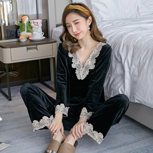 Lace Trim Velour Sleepwear Female Casual Nightwear 2PCS Pajamas Suit Autumn New Velvet Pyjamas Lingerie Home Clothes