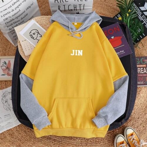 Fall Winter Spell Color Patchwork Fleece Women Hoodie Bangtan Boys Jin Print Letter Sweatshirt Korean Kpop Harajuku Fashion Tops