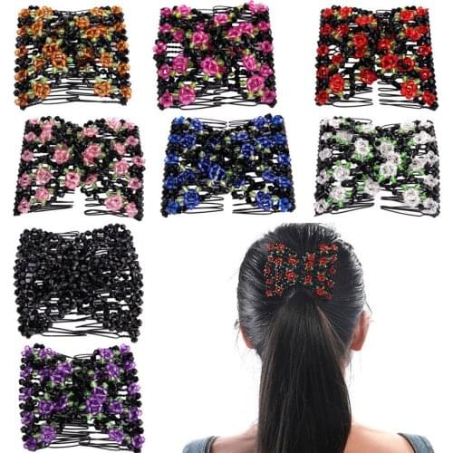 Hair Comb Ladies Magic Beads Elasticity Double Hair Comb Clamp Stretchy Accessory