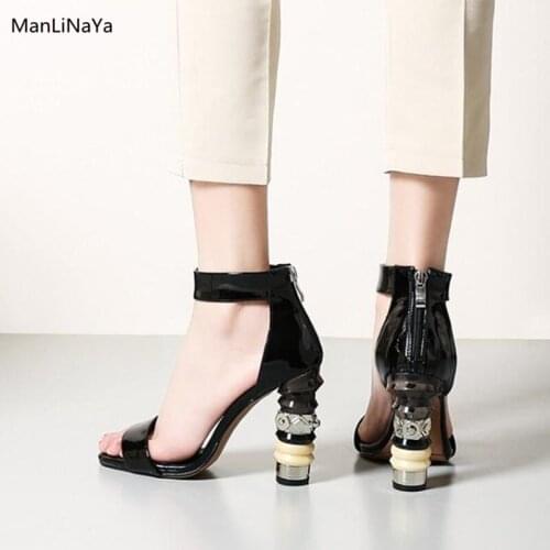 Strange Style Sculpted Heel Open Toe Zip Women Sandals Patent Leather Ankle Strap Runway Women Shoes Mixed Colors Heel Shoes