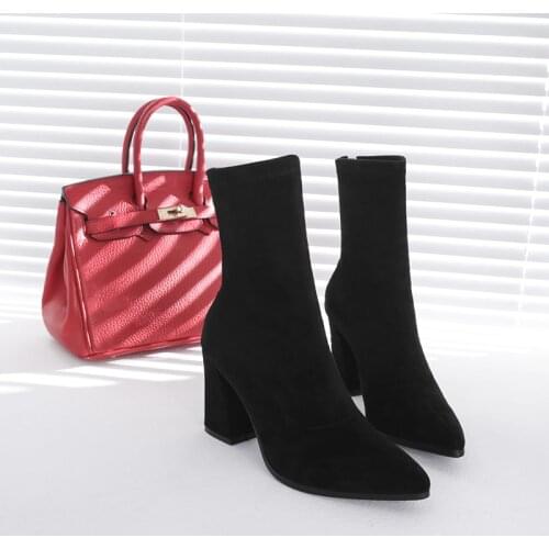 2021 New Women Mid Calf Zipper Boots Winter Comfort Pointed Toes Soild Shoes Woman High Heels offoce Ladies Working Flock Boot