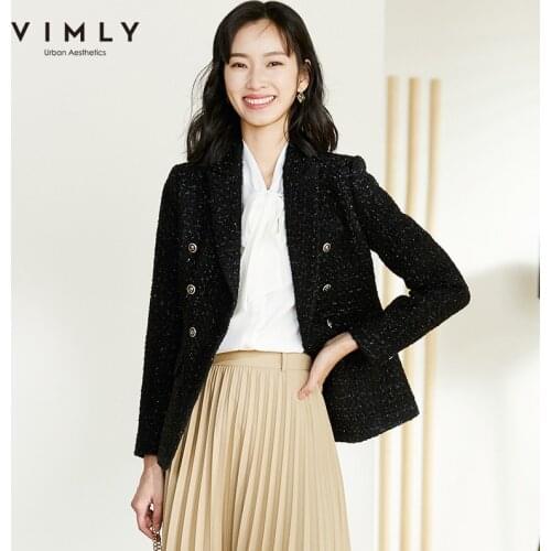 Vimly Womens Wool Coats and Jackets Winter Fashion Notched Double Breasted Slim Ladies Work Wear Blazer Female Outwear F2995