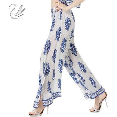 Boho Floral Wide Leg Pants 2019 Summer High Waist Striped Pants Women Sexy Side Split Loose Pantalon Femme Trousers