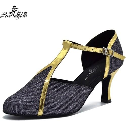 Ladingwu New Brand Black Flash Cloth And Golden PU Womens High Heels Latin Dance Shoes Ballroom Salsa Dance Shoes Size 35-44