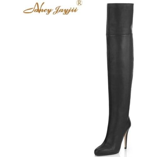 Genuine Leather Black Long Boots Thigh High Ladies Shoes Woman Super High Soft Casual Winter 2019 Big Size 15 16 4 inch Heels