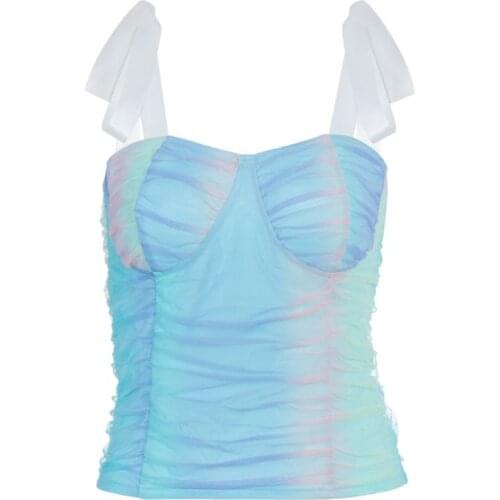 Women Ribbon Lace-Up Strap Slim Crop Top Rainbow Colorful Ruched Sexy Camis Vest F42F