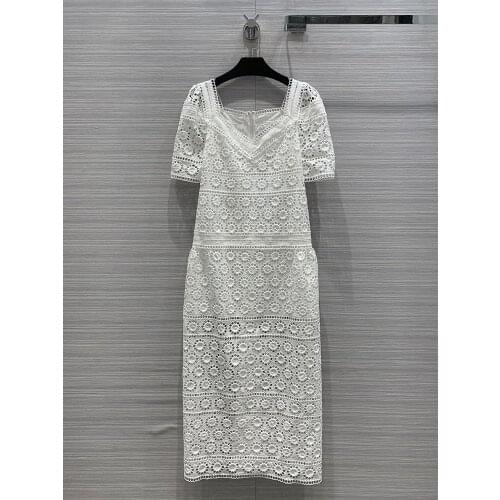 Sexy Maix High-end 2021 Early Spring Women New Elegant Sweet Water-soluble Flower Hollow Embroidery V-neck Slim Long Dress