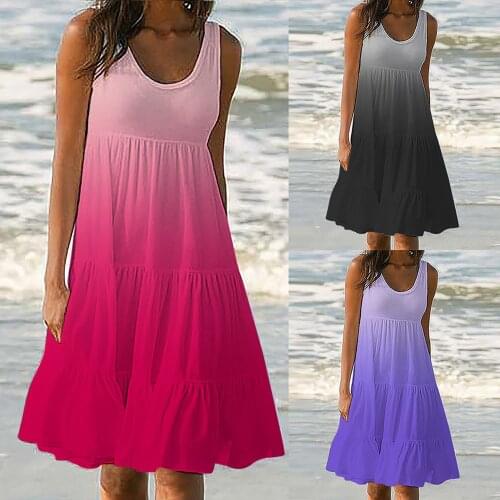 WomenS Dress Hot Style Gradient Tie-Dye Printing Sleeveless Beach Dress Summer All-Match Dress new летнее женское 50
