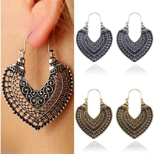 1 Pair Ethnic Vintage Bohemian Turkish Style Bronze Carved Metal Hollow Heart Hanging Dangle Earrings For Women