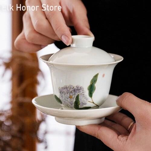180ml Ceramic Tea Tureen Large White Porcelain Chrysanthemum Gaiwan Tea Cup Jingdezhen Hand-painted Color Kung Fu Pu'er Teaware