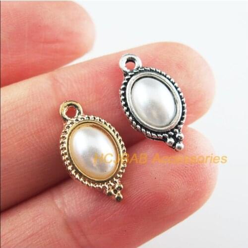 25Pcs Retro Gold Tibetan Silver Tone White Acrylic Oval Charms Pendants 9x16.5mm