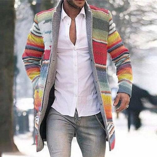 2020 Men Autumn Winter Open Front Trench Coat Vintage Long Sleeve Rainbow Stripes Casual Overcoat Plus Size 4XL Windbreaker NICE