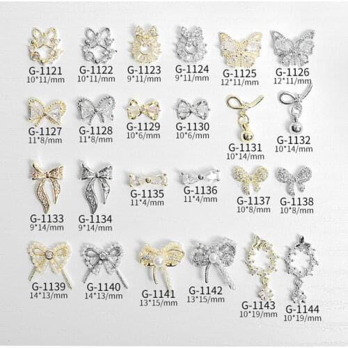 5pcs/lot, Nail Art Bowknots Butterflys Zircon Rhinestones Decoration With Gold Alloy For Nail Tips Beauty
