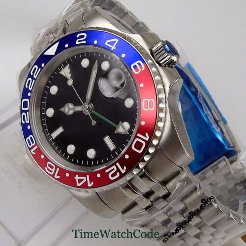 40mm GMT Function Automatic Movement Black Sterile Dial Blue Red Ceramic Bezel Insert Sapphire Glass Date Jubilee Bracelet 3804