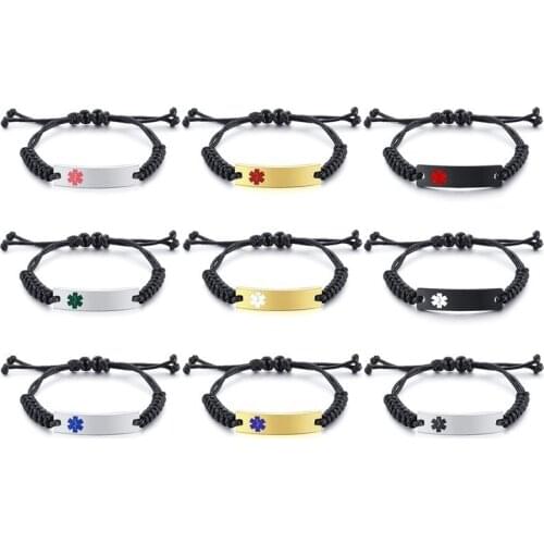 Vnox Stainless Steel Medical Alert ID Bracelets for Women Man Kids Casual Size Adjustable Black Cord Rope pulseira