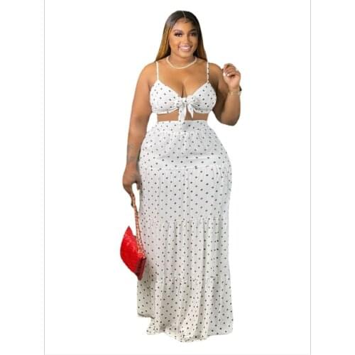 INS Hottest Women Dot Printing Women Plus Size Sexy Two Pieces 2021 Summer Floor-length Skirts Spaghetti Strap Tank Tops Sets