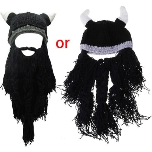 K3NF Adult Crazy Funny Halloween Cosplay Knitted Viking Beard Horn Hat Ski Mask Barbarian Vagabond Vintage Beanie Cap Winter