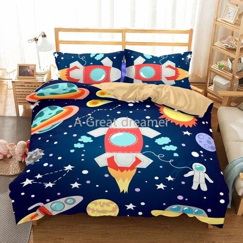 3D Cute Blue Starry Bedding Sets Universe Outer Space Cartoon Bed Linen Set Kid Duvet Cover Set 2/3Psc AU/US/EU Size Bedclothes