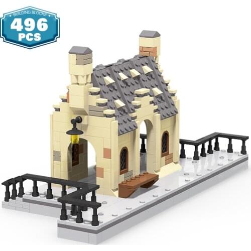 MOC European Medieval Railway Station Street Magic School Movie Scene Building Blocks Train Track Bricks Model Toys for Boys