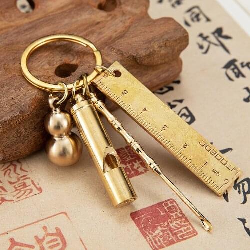 Creative three-in-one Brass Ruler Keychains Flat Gourd Tide Whistle Ear spoon Set Pendant Keychain Charms