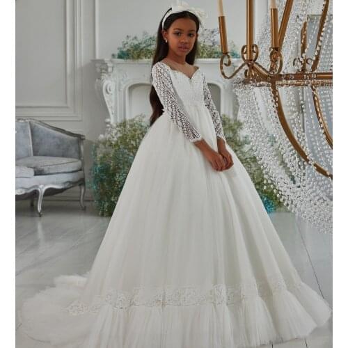 Long Sleeve Flower Girl Dresses Lace A Line Beaded Little Girls Birthday Party Gowns Christmas First Communion Dress