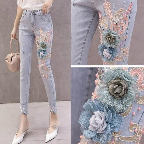 Summer Korean Women High Waisted Stretch Pearls Pencil Skinny Denim Trousers , Female Woman Slim Embroidery Flower Jeans Pants
